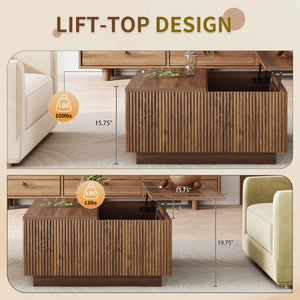 Square Lift-Top Coffee Table with Fluted Design & Hidden Storage