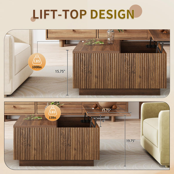Square Lift-Top Coffee Table with Fluted Design & Hidden Storage