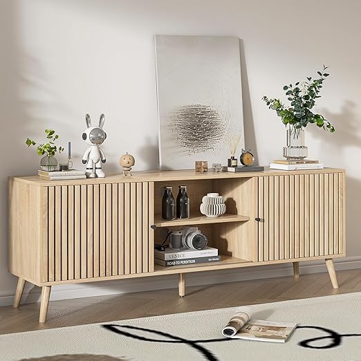 Mid Century Modern TV Stand with Sliding Doors and Storage