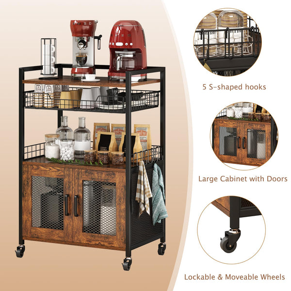 3-Tier Coffee Bar Cabinet with Wheels & Wire Basket Drawer