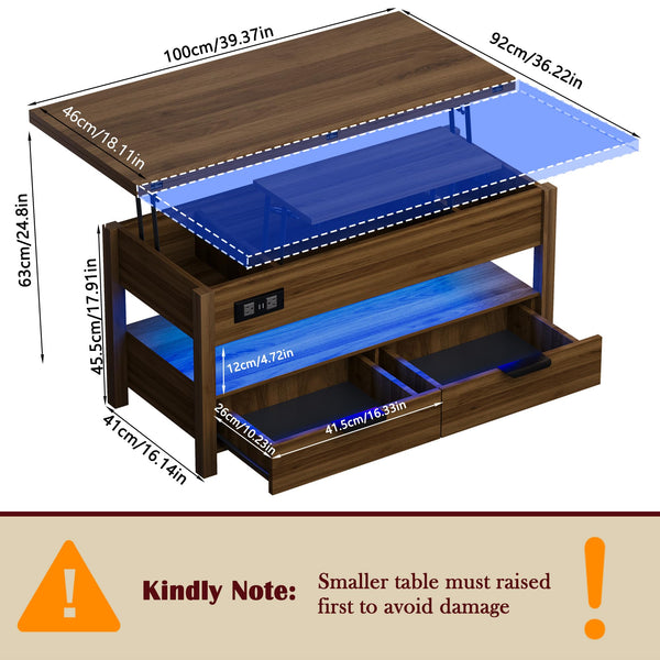 Lift Top Coffee Table with Power Outlets, LED Lights & Storage