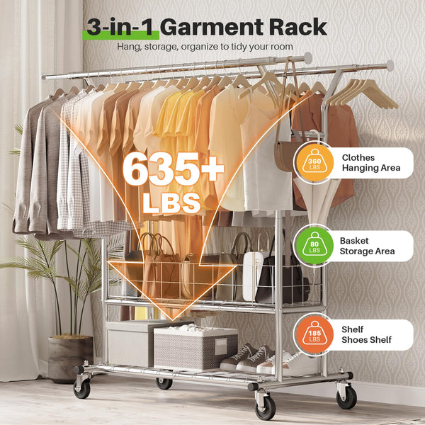 Rolling Garment Rack with Metal Basket & Dual Rod
