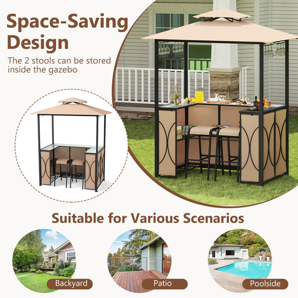 3-Piece Outdoor Patio Bar Set with Grill Gazebo & Bar Stools