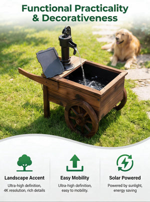 Solar-Powered Wood Outdoor Fountain with Hand Pump Cart Design