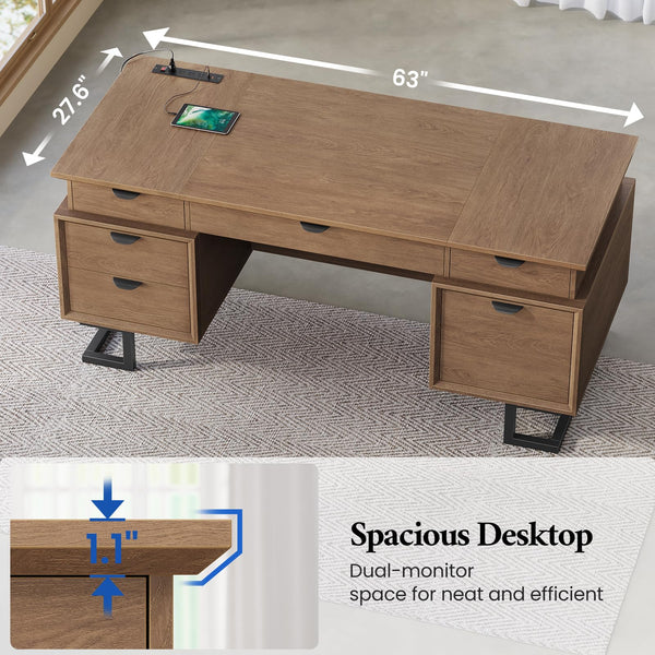 63 Inch Executive Desk with Charging Station, 6 Drawers, File Drawer & Keyboard Tray