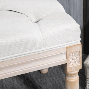 French Vintage Upholstered Bench – Button Tufted, Cream White