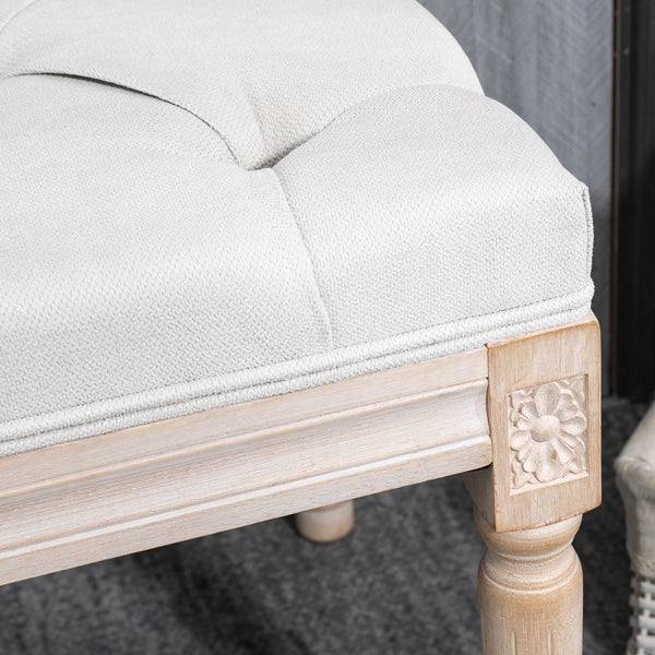 French Vintage Upholstered Bench – Button Tufted, Cream White