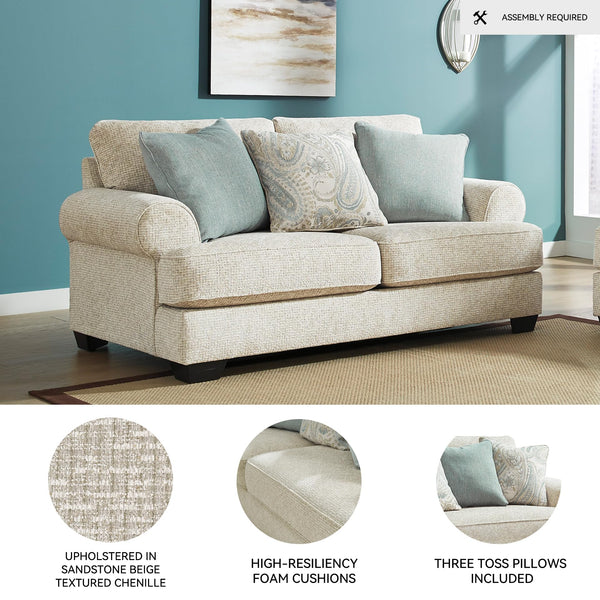 Beige Chenille Loveseat with Accent Pillows & Rolled Arms