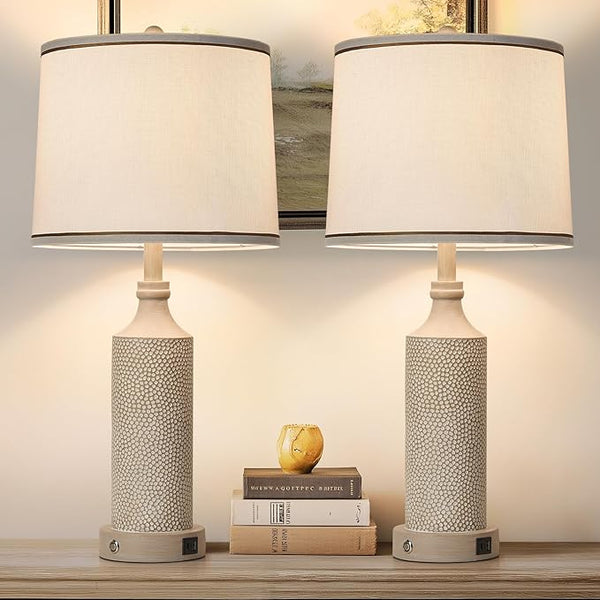 Farmhouse Table Lamps Set of 2 with USB Charging Ports