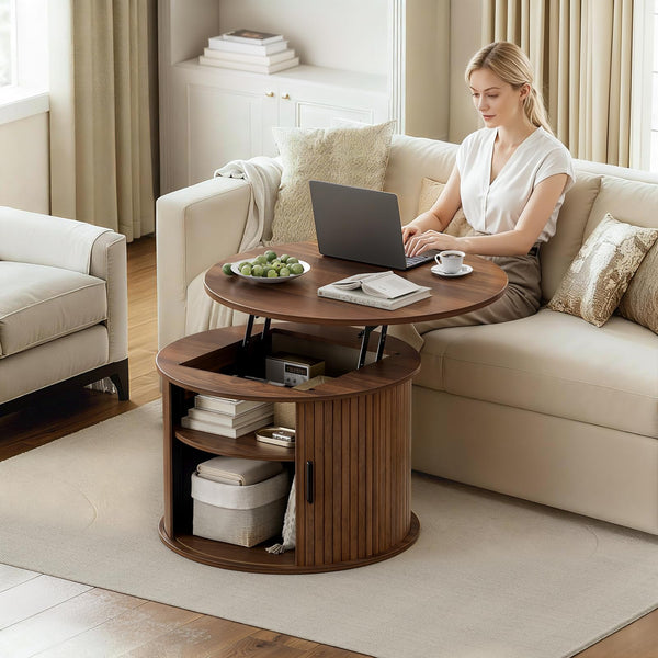 Round Lift Top Coffee Table with Hidden Storage & Fluted Sliding Door