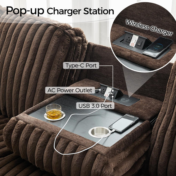 Power Reclining Sectional Sofa – 6-Seat Faux Fur with Wireless Charger
