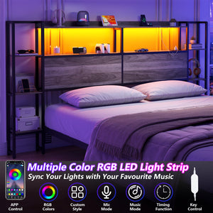 King Size Headboard with LED Lights, Charging Station & Storage Shelves