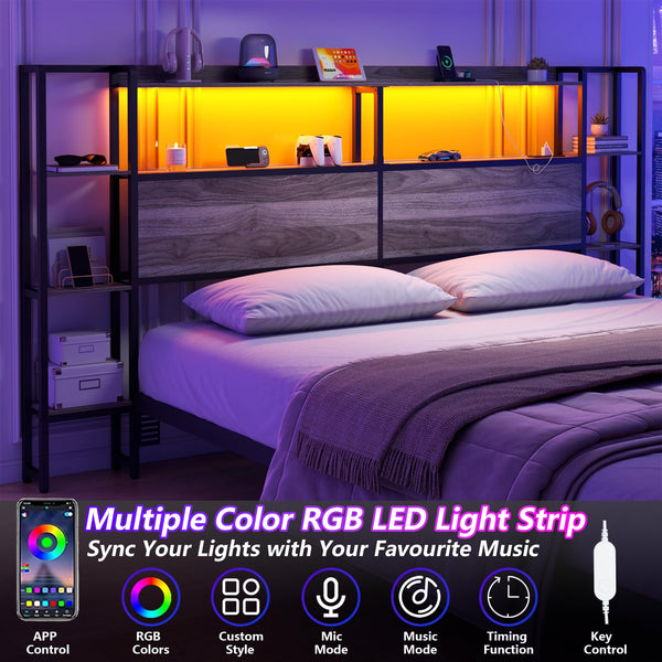King Size Headboard with LED Lights, Charging Station & Storage Shelves