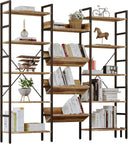 Triple Wide 5-Tier Industrial Bookshelf with Metal Frame