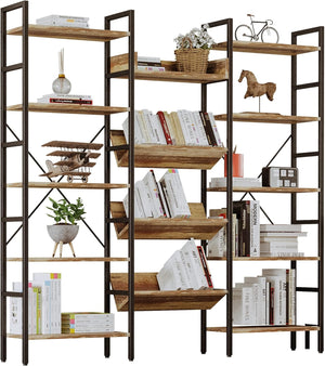 Triple Wide 5-Tier Industrial Bookshelf with Metal Frame