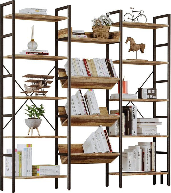 Triple Wide 5-Tier Industrial Bookshelf with Metal Frame
