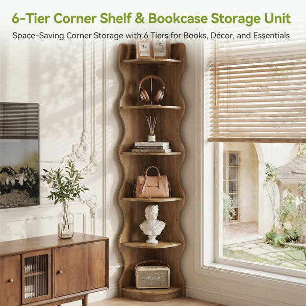 6-Tier Corner Bookshelf with Wave-Shaped Design, 71" Tall