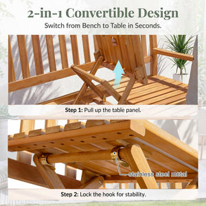 Acacia Wood Outdoor Bench with Pull-Out Center Table