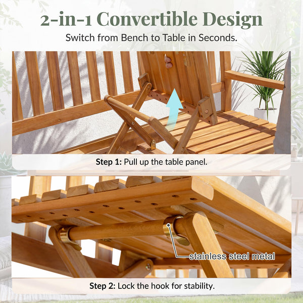 Acacia Wood Outdoor Bench with Pull-Out Center Table