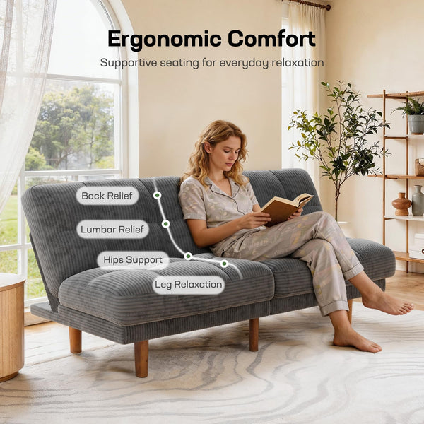 Convertible Futon Sofa Bed with Adjustable Backrest – Grey Corduroy