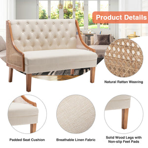 Mid-Century Modern Settee Loveseat with Rattan Arms & Tufted Linen Back