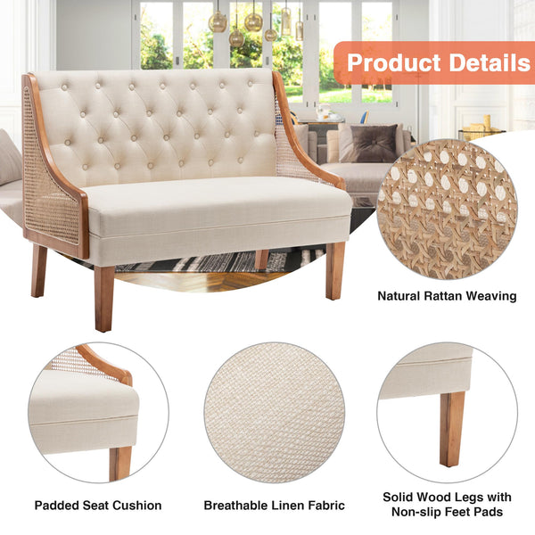 Mid-Century Modern Settee Loveseat with Rattan Arms & Tufted Linen Back