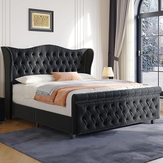 Upholstered Sleigh Bed Frame with Wingback Headboard