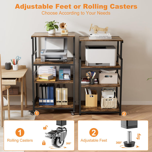 4-Tier Printer Stand with Wheels and Adjustable Shelves