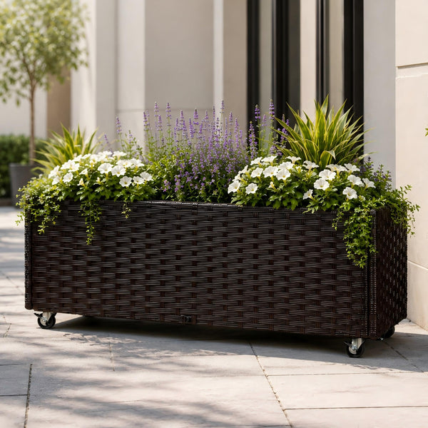 Raised Garden Bed with Wheels — 38" Rattan Wicker, Steel Frame, Drainage Hole