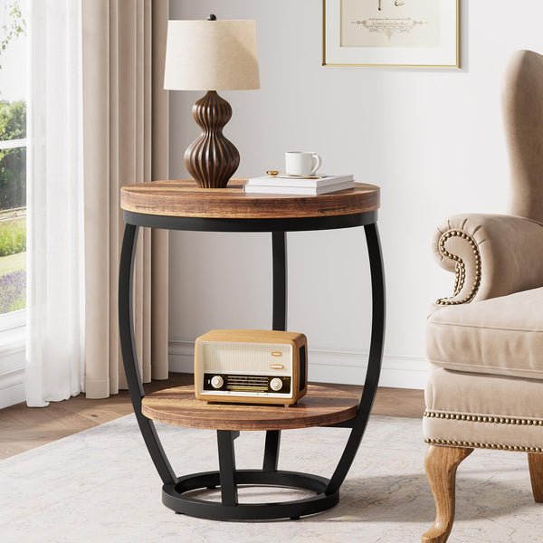 2-Tier Round Industrial End Table with Metal Frame