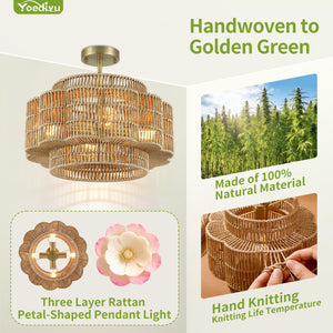 Petal-Shaped Boho Rattan Chandelier – Handwoven Pendant Light