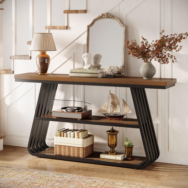 55" 3-Tier Console Table with Iron Frame