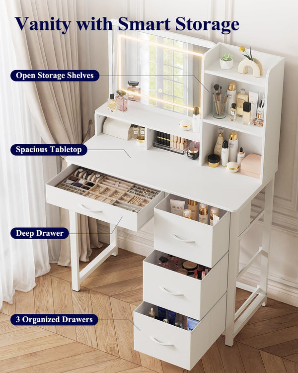 Lighted Vanity Desk with Mirror & Storage Drawers