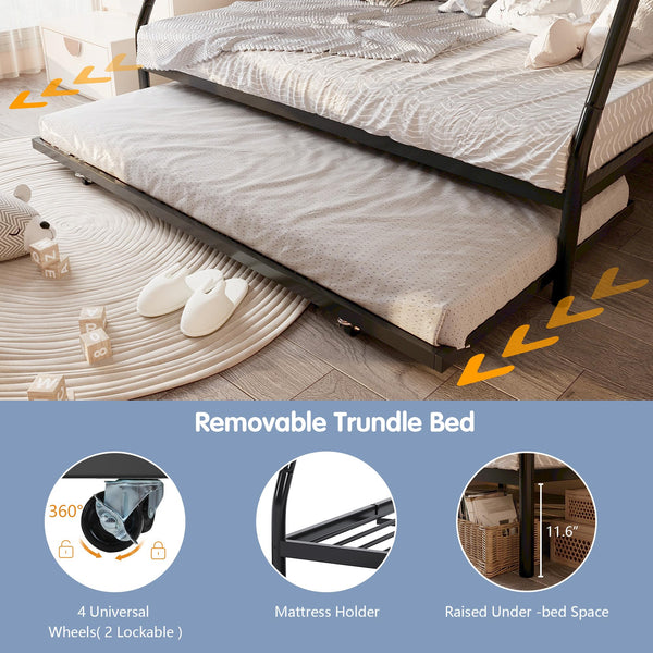 Twin Over Full Bunk Bed with Trundle – Metal Frame, Guardrails & Ladder