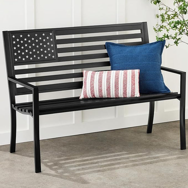 2-Person Steel Outdoor Bench with American Flag Backrest