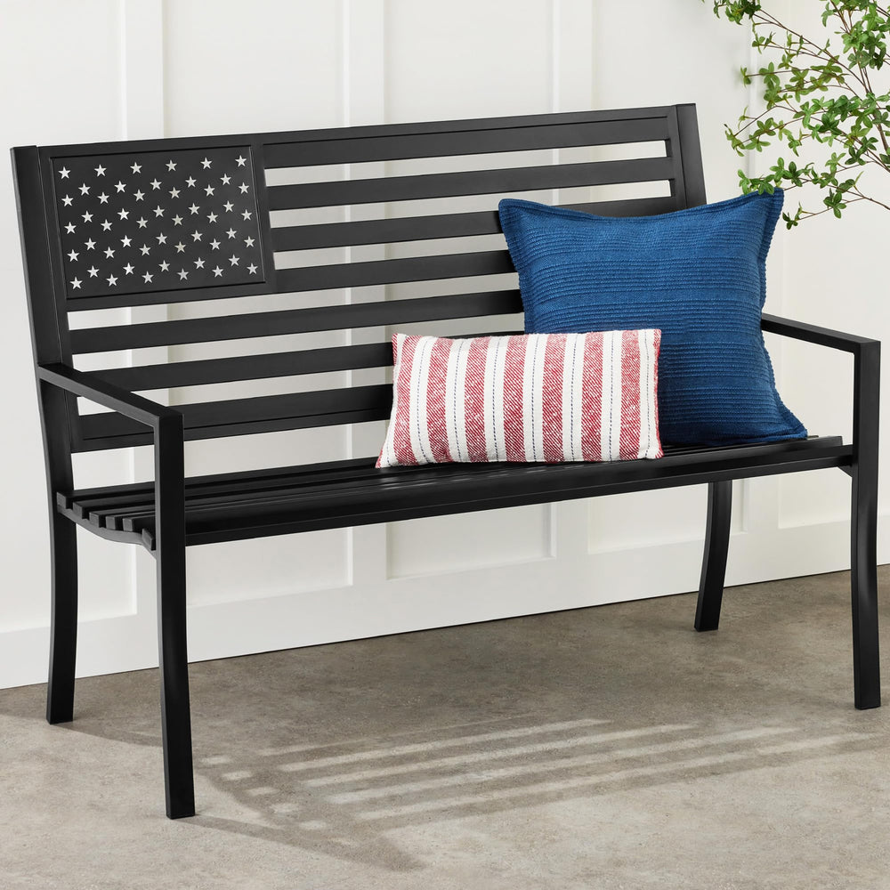 2-Person Steel Outdoor Bench with American Flag Backrest