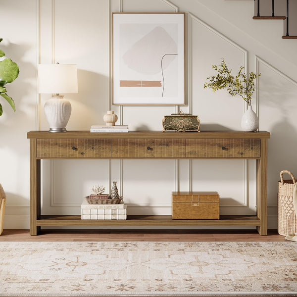 70.9" Extra Long Console Table with 3 Drawers & Open Shelves