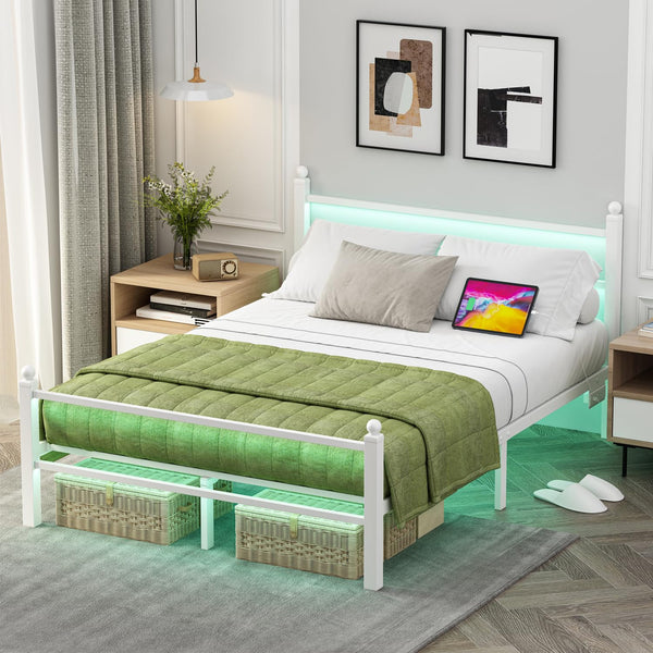 Full Size Bed Frame with LED Lights & Charging Station