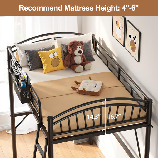 Twin Metal Loft Bed with Guardrails & Ladder