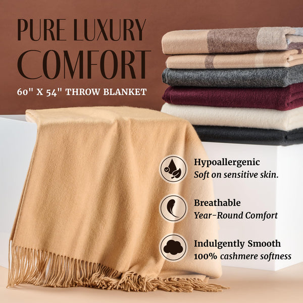 Cashmere Throw Blanket with Fringe – 60 x 54 Inch