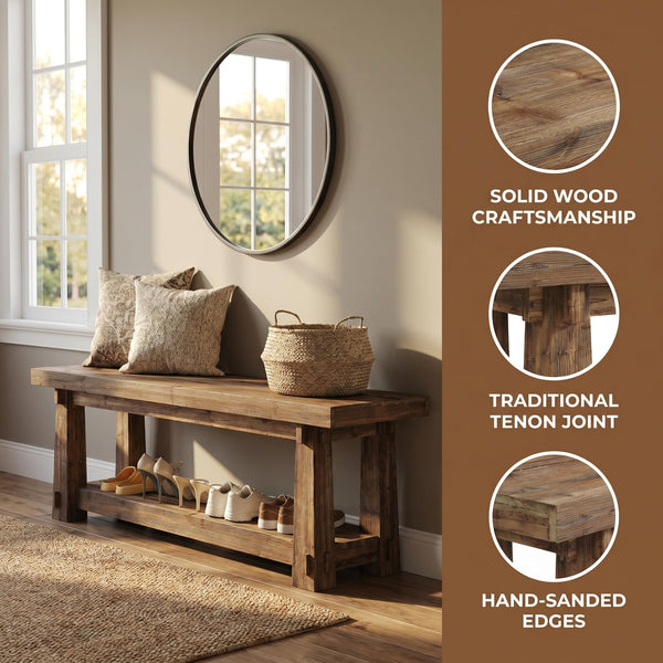 55" Solid Wood Entryway Bench with Shoe Storage