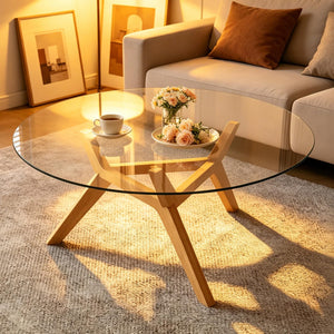 Round Glass Coffee Table with Wood Frame