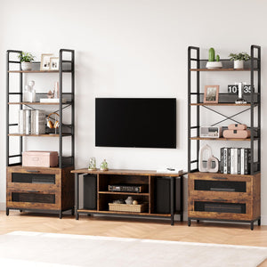 Industrial Bookshelf with Drawers & 4-Tier Open Shelves