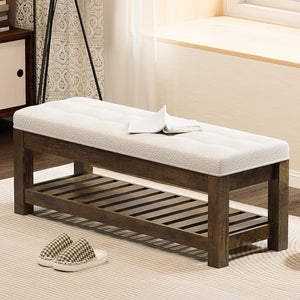Tufted Linen Ottoman Bench with Wood Shelf