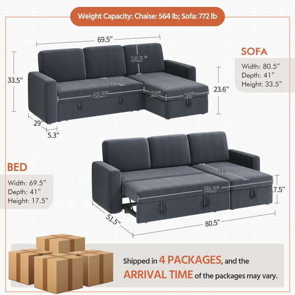 L-Shaped Sleeper Sectional Sofa with Pull-Out Bed, Storage & USB Charging