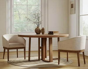 Linen Upholstered Dining Chairs with Solid Wood Legs & Curved Backrest