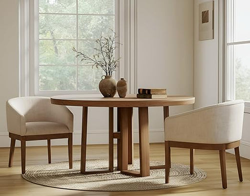Linen Upholstered Dining Chairs with Solid Wood Legs & Curved Backrest