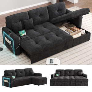 HIFIT 81" LED Sectional Sleeper Sofa with Pull Out Couch Bed, Convertible L Shaped Couch with Storage & USB & Adjustable Backrest & 2 Pillows, Chenille Sectional Couch for Living Room Bedroom, Black