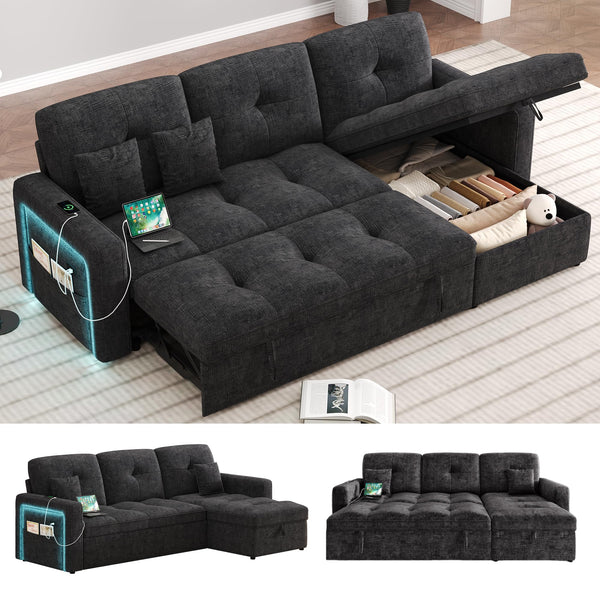 HIFIT 81" LED Sectional Sleeper Sofa with Pull Out Couch Bed, Convertible L Shaped Couch with Storage & USB & Adjustable Backrest & 2 Pillows, Chenille Sectional Couch for Living Room Bedroom, Black