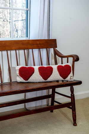 Three Hearts Hand-Hooked Wool Throw Pillow 8 x 24 Inch